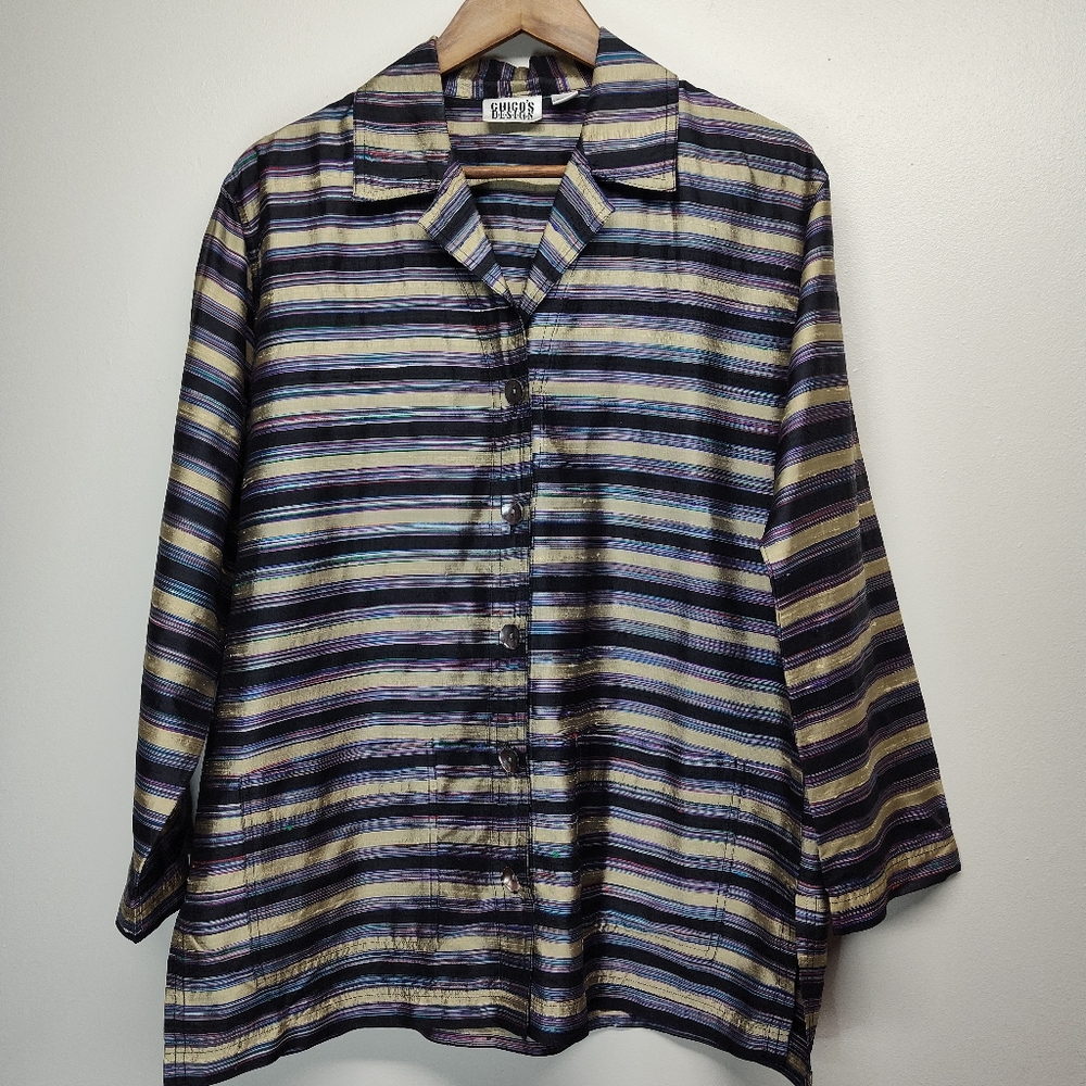 Chico's Silk Button Down Shirt Women Size M(1) Cream Blue Metallic Modest Casual
